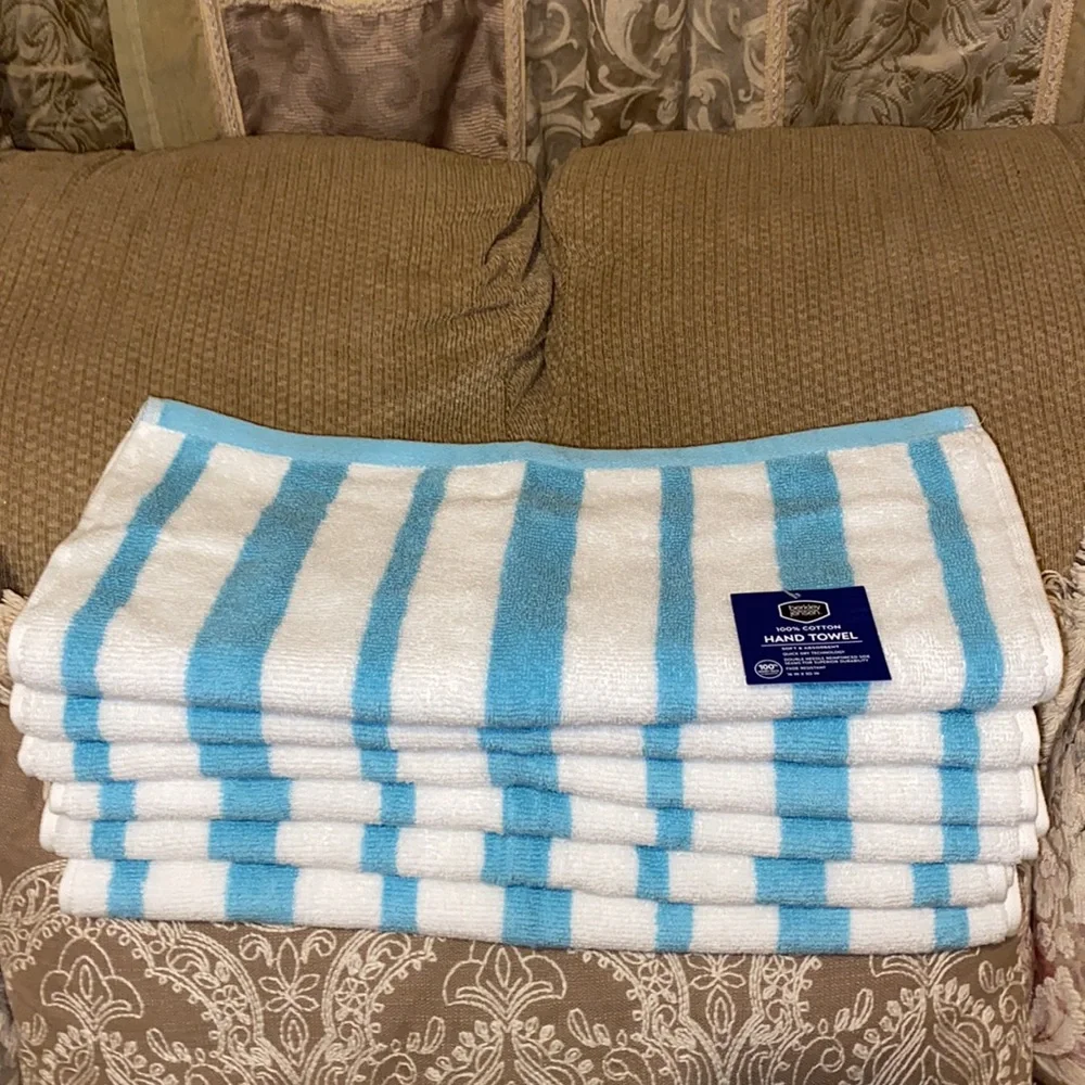 🩵🐚🩵NWT 100% Cotton Hand Towels Striped Agua/White Bundle Set